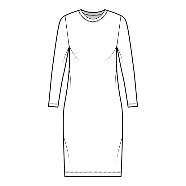 T-shirt vestido técnico de moda ilustração com pescoço da tripulação, mangas compridas, comprimento do joelho, oversized, plenitude lápis. Plano — Vetor de Stock