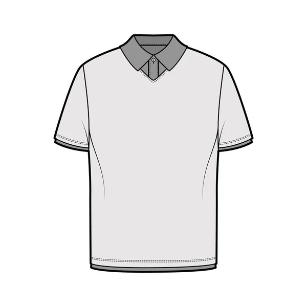 Dvojité tričko technické módní ilustrace s krátkými rukávy, délka tuniky, krk henley, nadrozměrný, plochý pletený límec — Stockový vektor