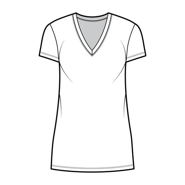 T-shirt dress technical fashion illustration with V-neck, short sleeves, mini length, oversized body, Pencil fullness. — Stock Vector