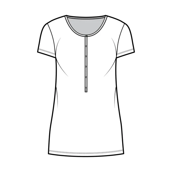 Vestido de camisa mini ilustración técnica de moda con cuello henley, mangas cortas, de gran tamaño, plenitud de lápiz, estiramiento — Archivo Imágenes Vectoriales