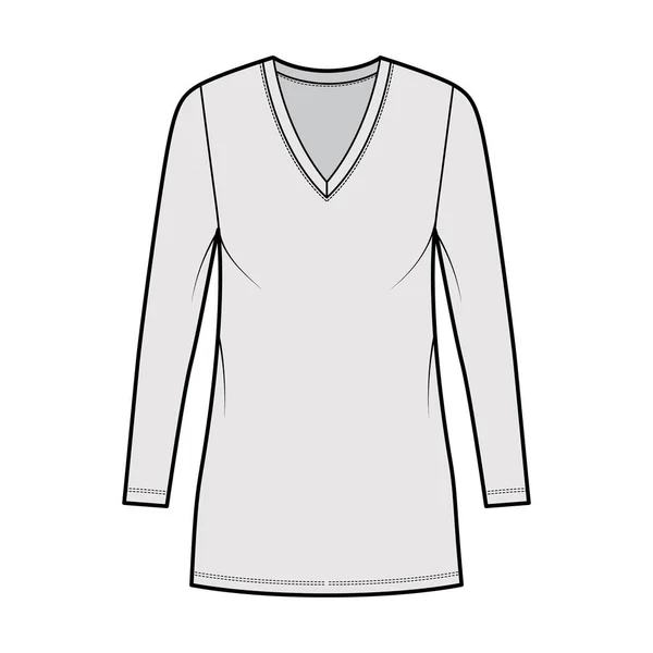 Camiseta vestido técnica moda ilustración con cuello en V, mangas largas, mini longitud, cuerpo de gran tamaño, plenitud de lápiz. — Archivo Imágenes Vectoriales