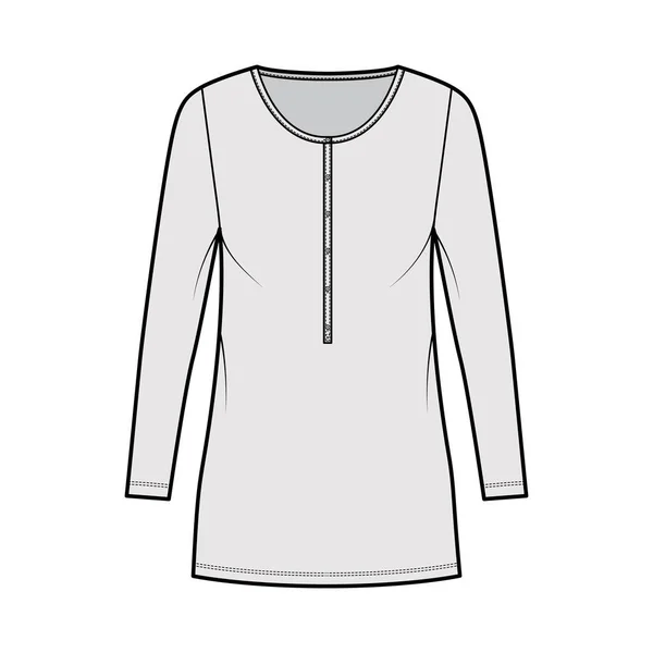 Vestido de camisa mini ilustración técnica de moda con cuello henley, mangas largas, sobredimensionado, plenitud de lápiz, estiramiento — Archivo Imágenes Vectoriales