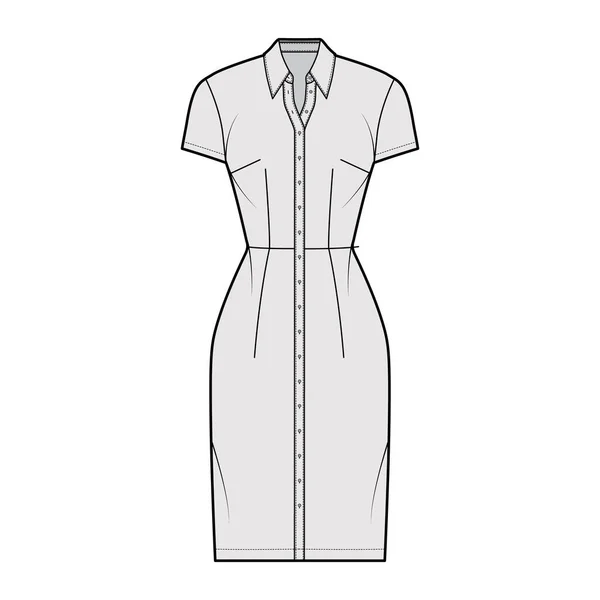 シャツドレス技術的なファッションイラストで古典的な通常の襟、膝の長さ、フィットボディ、半袖、ボタン — ストックベクタ
