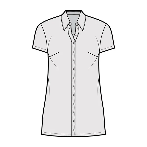 Camisa vestido técnico moda ilustração com colarinho clássico, mini comprimento, corpo de grandes dimensões, Plenitude lápis, botão para cima —  Vetores de Stock
