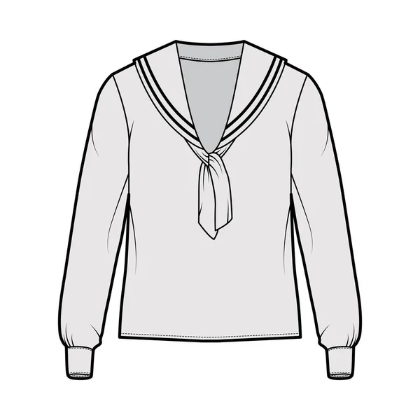 Skjorta middy sjöman kostym teknisk mode illustration med armbåge vika långa ärmar med manschett, tunika längd, oversized. — Stock vektor