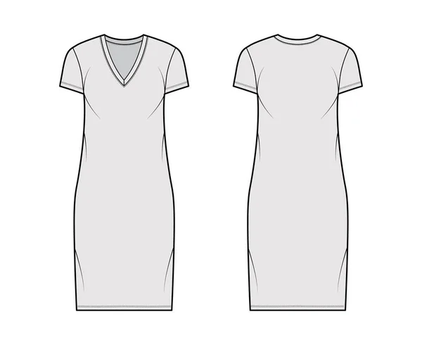 T-shirt robe illustration de mode technique avec col V, manches courtes, longueur du genou, corps surdimensionné, plénitude du crayon. — Image vectorielle