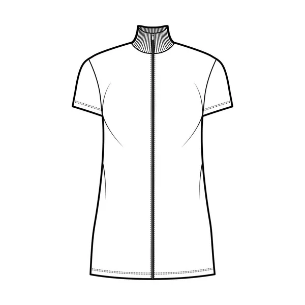 Turtleneck zip-up jurk technische mode illustratie met korte mouwen, mini lengte, oversized lichaam, Potlood volheid. — Stockvector
