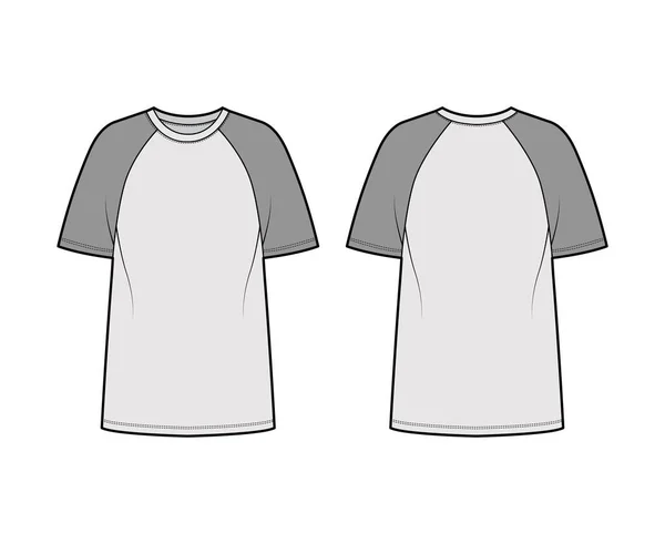 Camiseta béisbol técnica moda ilustración con mangas cortas raglán, longitud de la túnica, cuello redondo, ropa de gran tamaño — Vector de stock