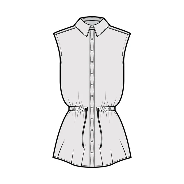 Camisa cordón cintura reunida técnica moda ilustración con corbata, sin mangas, longitud de la túnica, cuello clásico — Vector de stock