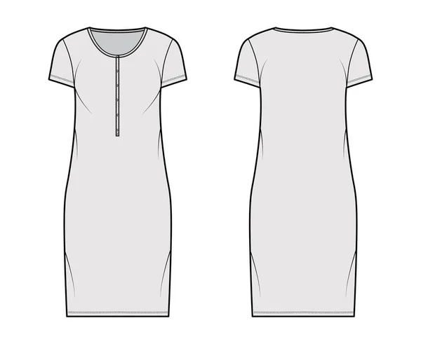 Πουκάμισο φόρεμα τεχνική εικόνα μόδας με λαιμό henley, κοντά μανίκια, γόνατο μήκος, υπερμεγέθης, Μολύβι πληρότητα Flat — Διανυσματικό Αρχείο