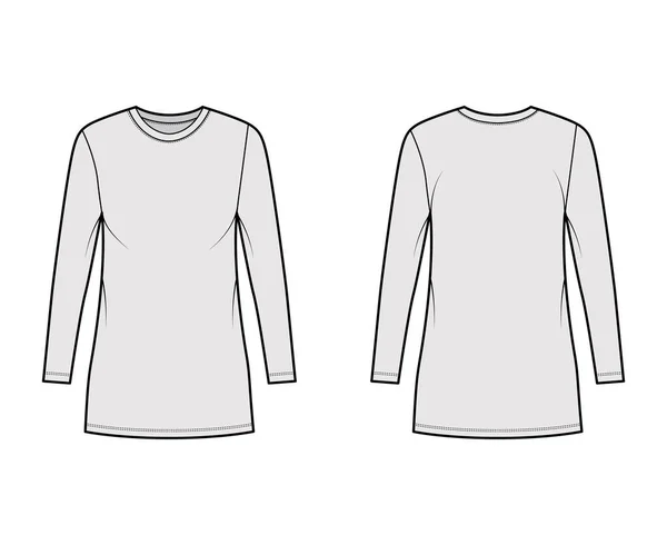 T-shirt klänning teknisk mode illustration med besättning hals, långa ärmar, mini längd, överdimensionerad, Penna fullhet. Platt — Stock vektor