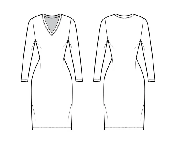 Camiseta de vestir ilustración técnica de moda con cuello en V, mangas largas, longitud de rodilla, cuerpo ajustado, plenitud de lápiz. Plano — Vector de stock