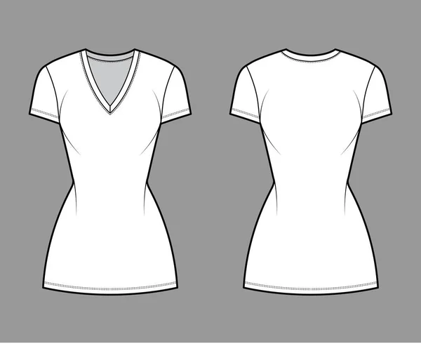 T-shirt vestido técnico de moda ilustração com decote em V, mangas curtas, mini comprimento, corpo equipado, plenitude Lápis. Plano —  Vetores de Stock