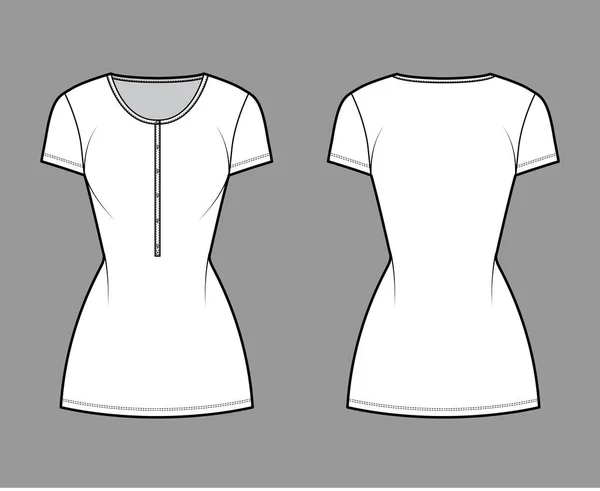 Vestido de camisa mini ilustración técnica de moda con cuello henley, mangas cortas, cuerpo ajustado, plenitud del lápiz, estiramiento — Vector de stock