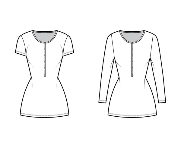 Conjunto de vestidos de camisa mini ilustración técnica de moda con cuello henley, manga corta, larga, cuerpo ajustado, estiramiento — Vector de stock