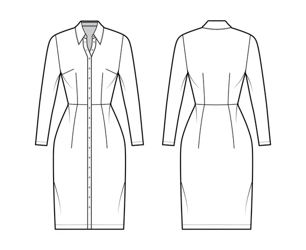 Koszula sukienka techniczna moda Ilustracja z klasycznym regularnym kołnierzem, długość kolana, dopasowany korpus, długi rękaw, guzik do góry — Wektor stockowy
