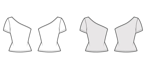 Camiseta de un hombro ilustración técnica de moda con manga corta, corte delgado, jersey elástico Ropa plana outwear superior — Vector de stock