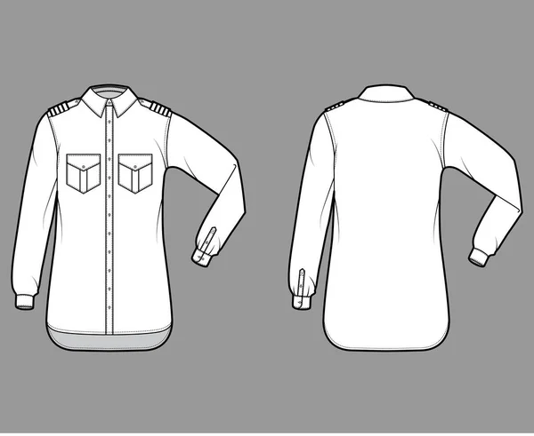 Skjorta pilot flygbolag teknisk mode illustration med chevron, armbåge vikta långa ärmar, vinklade fickor flik. Platt — Stock vektor