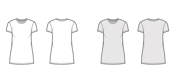 T-shirt dress technical fashion illustration with crew neck, short sleeves, mini length, oversized, Pencil fullness Flat — Stock Vector