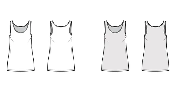 Танк платье техническая мода иллюстрация с совок шея, ремни, мини-длина, негабаритное тело, полнота карандаша. Плоская квартира — стоковый вектор