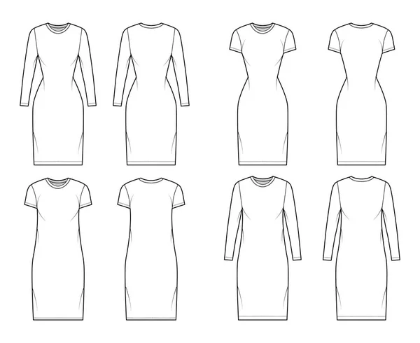 Conjunto de vestidos de camiseta ilustración técnica de moda con cuello redondo, mangas largas y cortas, longitud de rodilla, sobredimensionado — Vector de stock
