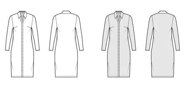 Πουκάμισο φόρεμα τεχνική εικόνα μόδας με κλασικό κανονικό γιακά, μήκος γόνατος, υπερμεγέθης σώμα, Μολύβι πληρότητα — Διανυσματικό Αρχείο