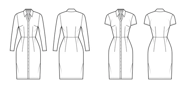 Πουκάμισο φόρεμα τεχνική μόδα εικονογράφηση με κλασικό γιακά, γόνατο μήκος, fitted σώμα, Μολύβι πληρότητα, κουμπί επάνω. — Διανυσματικό Αρχείο