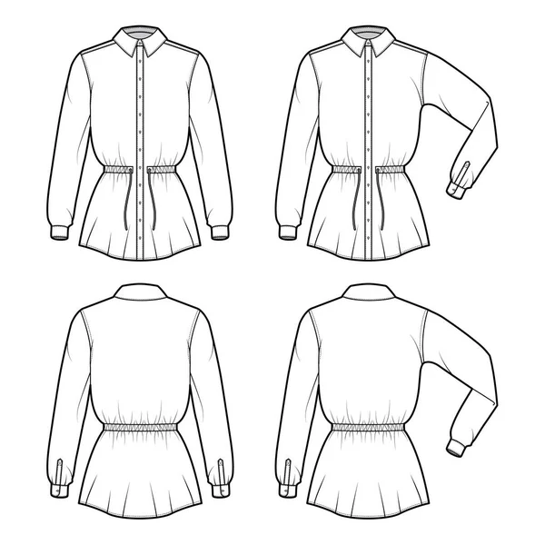 Ensemble de cordon de serrage chemise taille serrée illustration de mode technique avec manches pliées, longueur de tunique, col classique — Image vectorielle