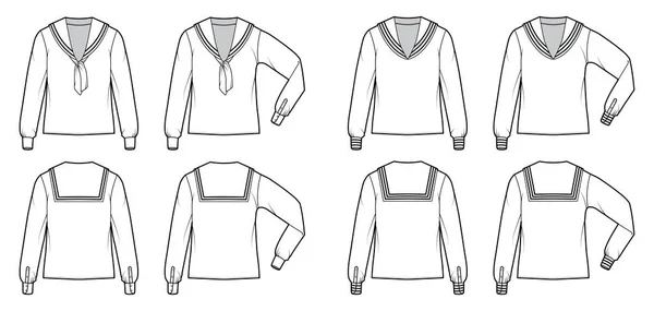 Set med skjortor middy sjöman kostym teknisk mode illustration med långa ärmar, tunika längd, överdimensionerade. Platta kläder — Stock vektor