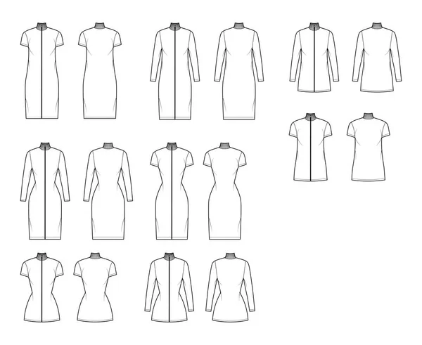 Turtleneck zip-up klänning teknisk mode illustration med långa, korta ärmar, knä, mini längd, överdimensionerad, monterad — Stock vektor