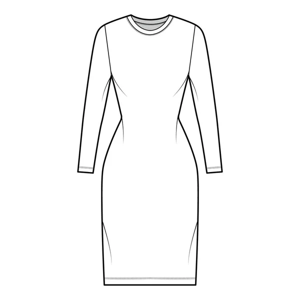 Camiseta de vestir ilustración técnica de moda con cuello redondo, mangas largas, longitud de rodilla, ajuste delgado, plenitud de lápiz. Plano — Vector de stock