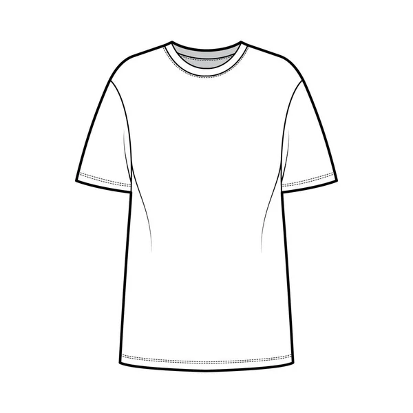 T-shirt de grandes dimensões ilustração de moda técnica com mangas curtas, pescoço da tripulação, ombro caído, bainha alongada. Plano —  Vetores de Stock