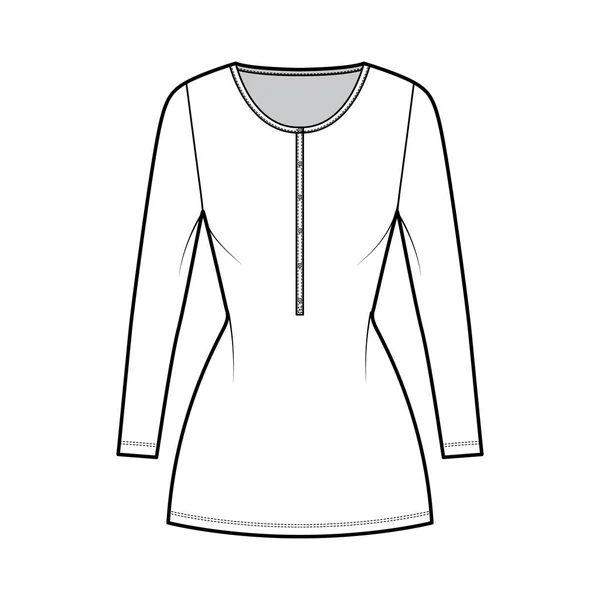 Koszulka sukienka mini moda techniczna Ilustracja z henley szyi, długie rękawy, dopasowany korpus, Ołówek pełnia, rozciągnąć — Wektor stockowy