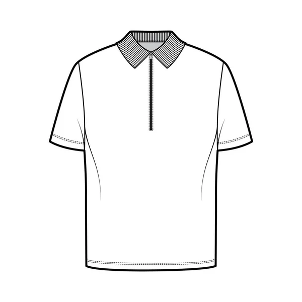 Camicia zip polo tecnica illustrazione di moda con maniche corte, lunghezza della tunica, collo henley, oversize, colletto piatto in maglia — Vettoriale Stock
