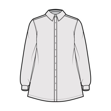 Tişört trapezi teknik tasviri dirsek katlanmış uzun kollu, manşetli, klasik normal yakalı, büyük boyutlu.