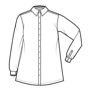 Tişört trapezi teknik tasviri dirsek katlanmış uzun kollu, manşetli, klasik normal yakalı, büyük boyutlu.