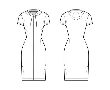 Kapüşonlu fermuarlı elbise, kısa kollu, dizli, kısa boylu, vücuduna uygun, dolgunluk kalemli teknik tasvirler..