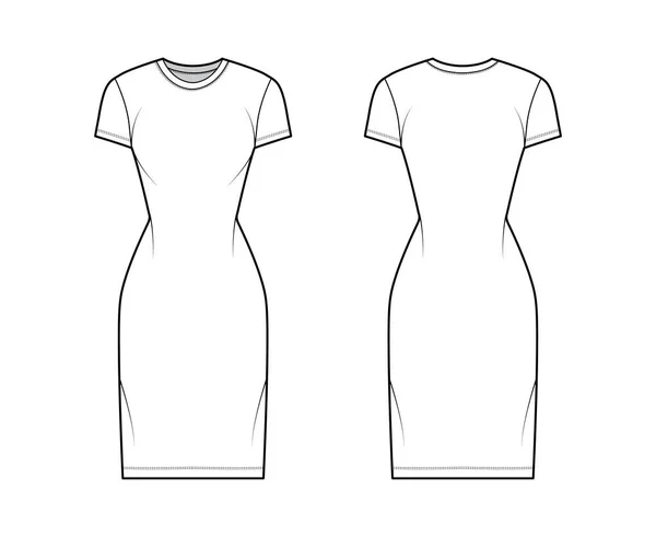 T-shirt dress technical fashion illustration with crew neck, short sleeves, knee length, slim fit, Pencil fullness. Flat — Stock Vector