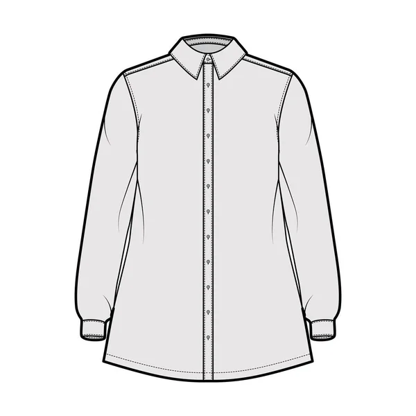 Camisa trapecio técnica moda ilustración con el codo doblado mangas largas con puño, cuello regular clásico, de gran tamaño — Vector de stock