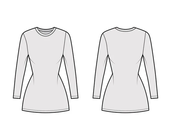 T-shirt jurk technische mode illustratie met bemanning nek, lange mouwen, mini lengte, slanke pasvorm, Potlood volheid. Vlak — Stockvector