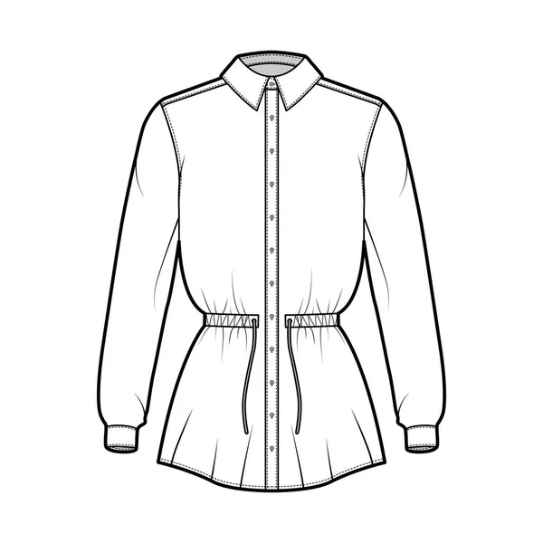 Camisa cordón cintura reunida técnica moda ilustración con corbata, mangas largas, longitud de la túnica, cuello clásico — Vector de stock