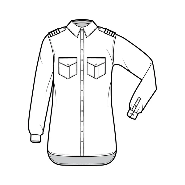 Camisa piloto companhia aérea técnica de moda ilustração com chevron, cotovelo dobrado mangas compridas, bolsos de aba angular. Plano — Vetor de Stock