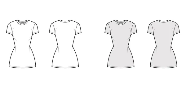 T-shirt τεχνική επίδειξη μόδας φόρεμα με λαιμό πλήρωμα, κοντά μανίκια, μίνι μήκος, λεπτή εφαρμογή, Μολύβι πληρότητα. Επίπεδη — Διανυσματικό Αρχείο