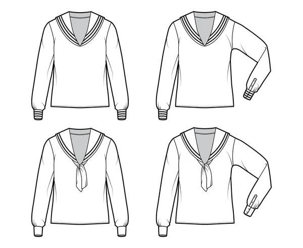 Комплект рубашек среднего матроса костюм техническая мода иллюстрация с длинными рукавами, туника длиной, негабаритные. Плоская одежда. — стоковый вектор