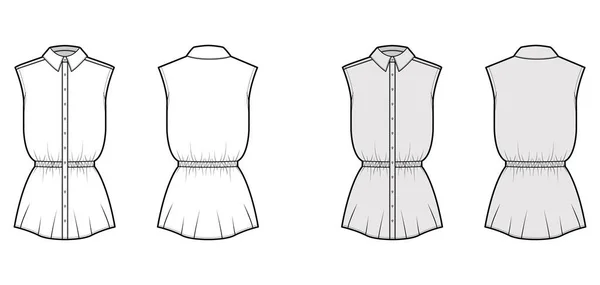 Skjorta dragsko samlade midjan teknisk mode illustration med ärmlös, tunika längd, klassisk krage kläder — Stock vektor