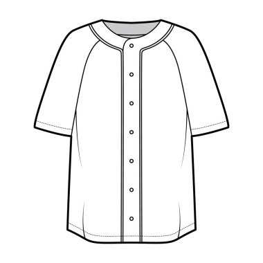 Gömlek beyzbol düğmesi öne teknik moda illüstrasyonunda kısa kollu, düğmeli, büyük boy. Düz giysi.