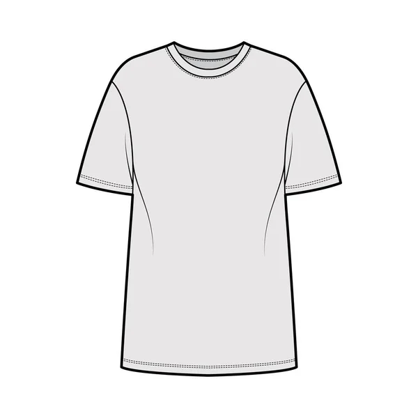 T-shirt de grandes dimensões ilustração de moda técnica com mangas curtas, pescoço da tripulação, ombro caído, bainha alongada. Plano — Vetor de Stock