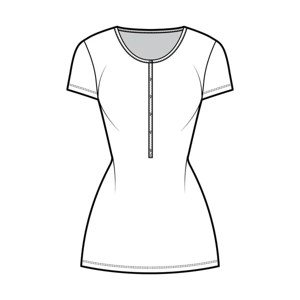 Vestido de camisa mini ilustración técnica de moda con cuello henley, mangas cortas, cuerpo ajustado, plenitud del lápiz, estiramiento — Vector de stock