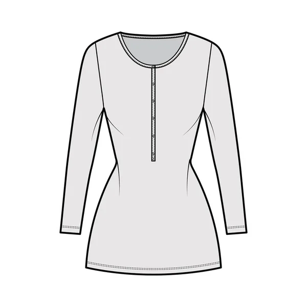 Рубашка платье мини техническая мода иллюстрация с Хенли шею, длинные рукава, оснащенный тело, карандаш полноты, растяжение — стоковый вектор