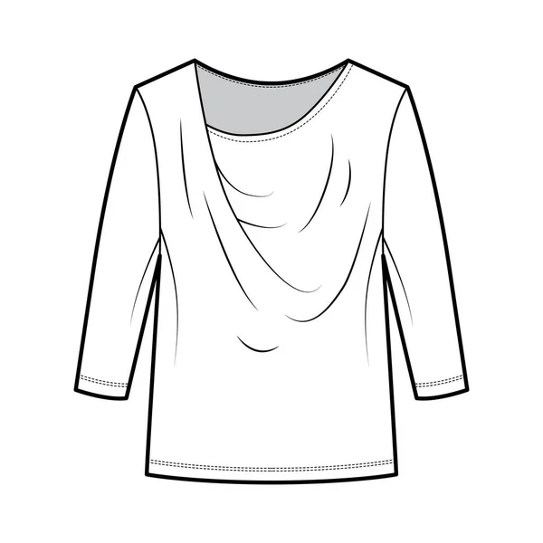 T-Shirt gedrapeerd technische mode illustratie met lange mouwen, tuniek lengte, oversized. Bovenkleding blouse schoeisel — Stockvector